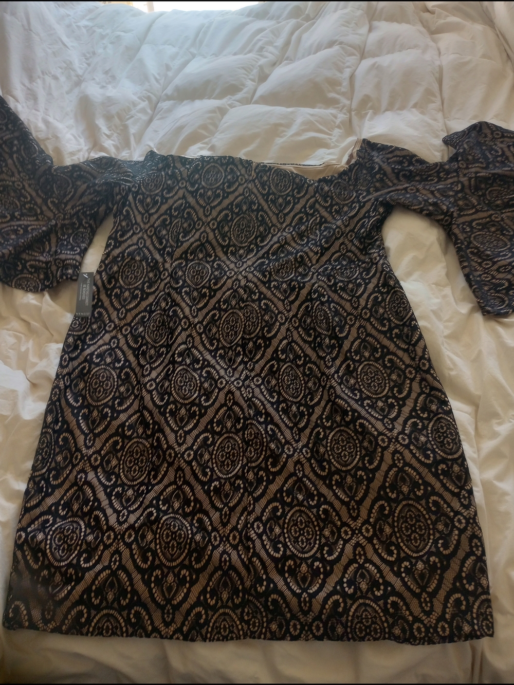 Black and Beige Lace Printed Off-Shoulder Dress 24
